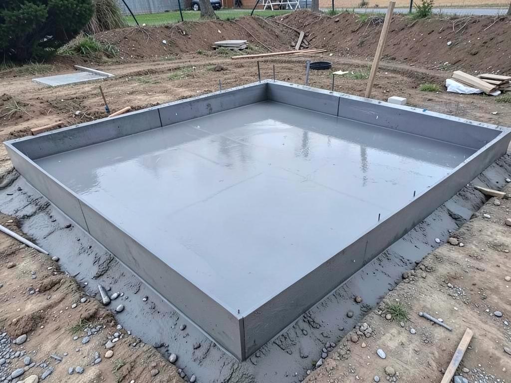 Newly poured slab-on-grade concrete foundation with formed edges at a construction site
