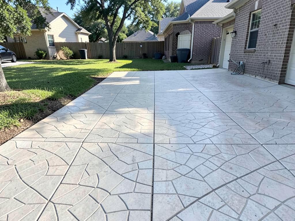 Stamped concrete driveway with a patterned surface and clean control joints beside a brick home
